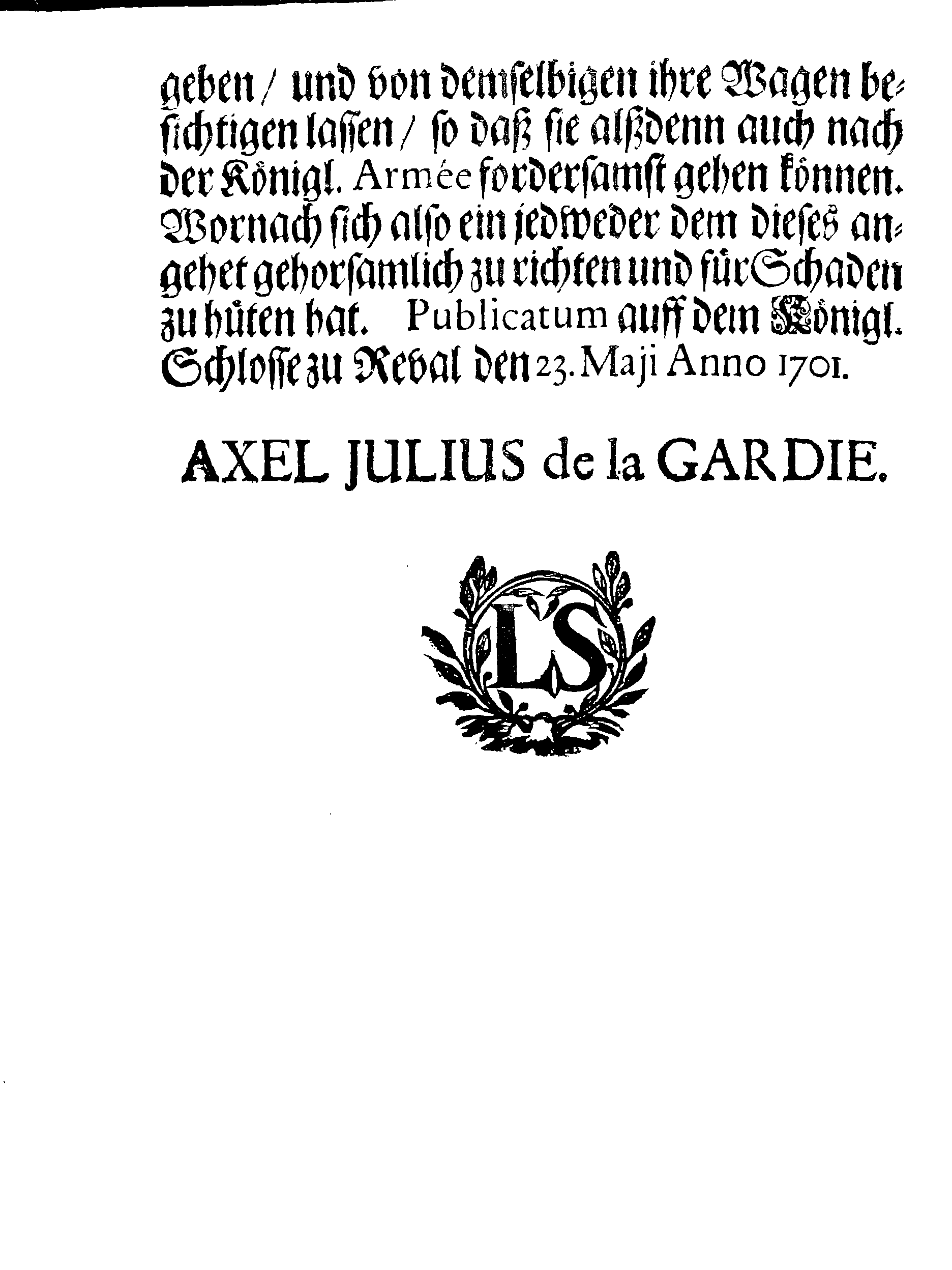 [Axel Julius De la Gardie korraldus]