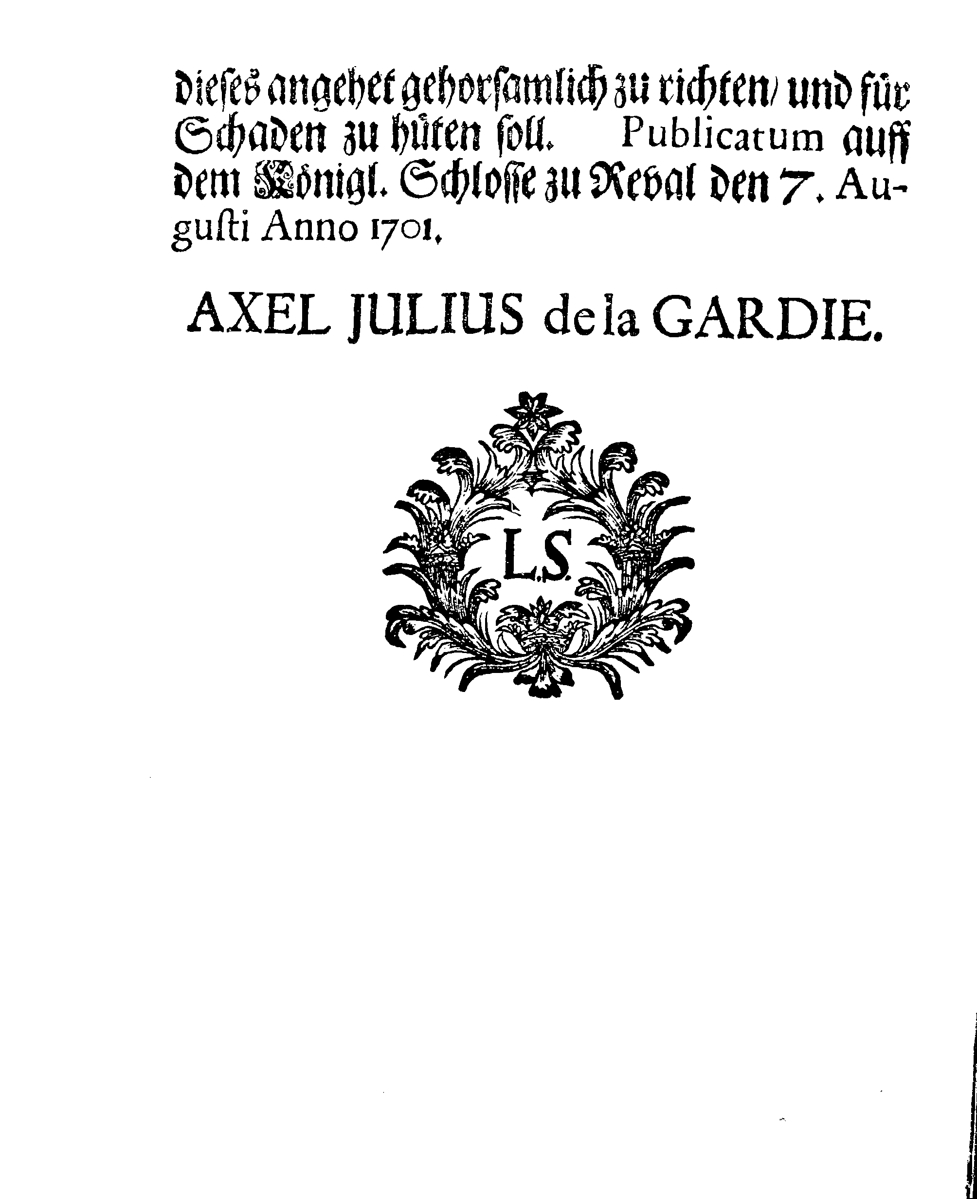 [Axel Julius De la Gardie korraldus]