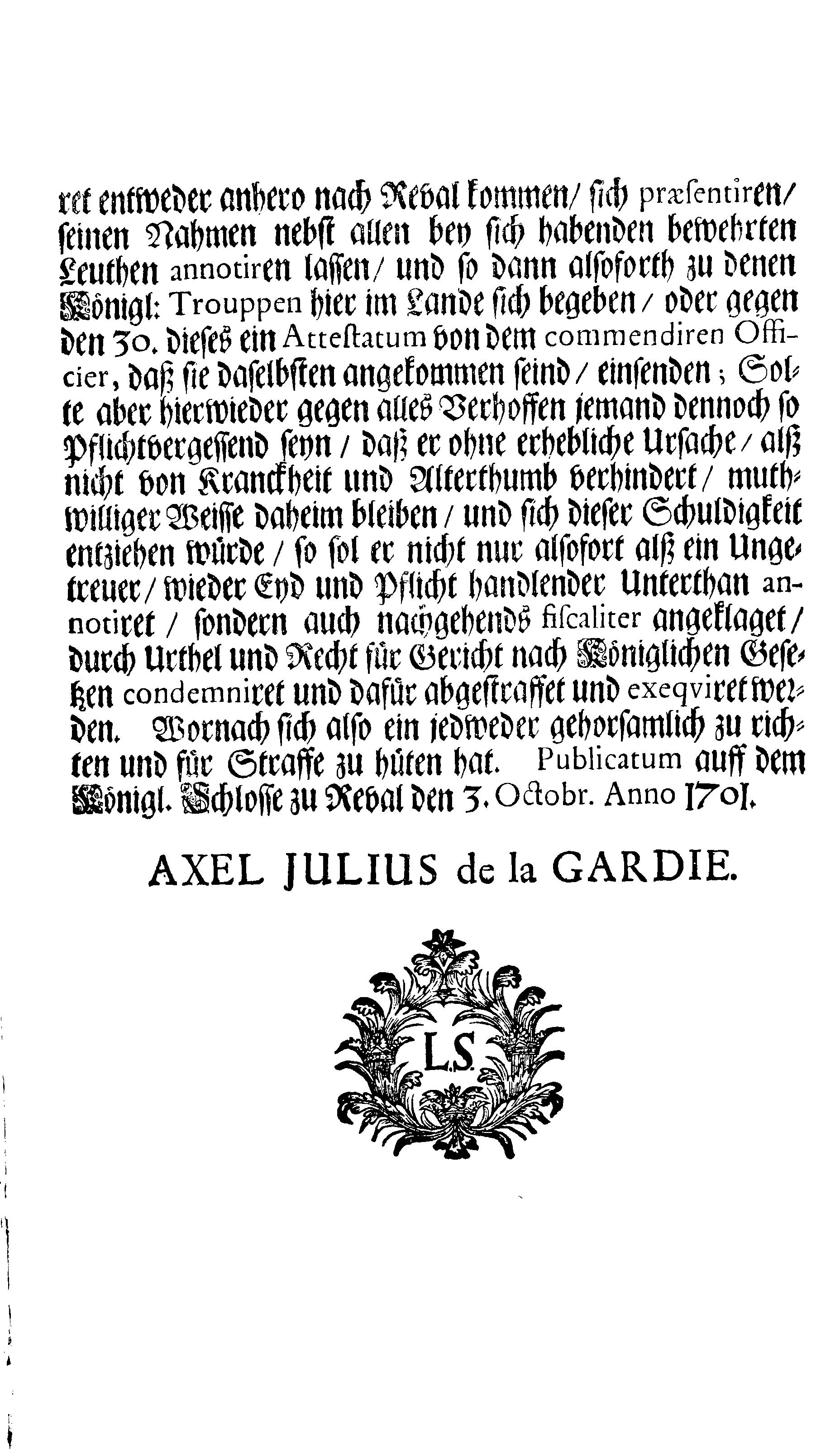 [Axel Julius De la Gardie korraldus]