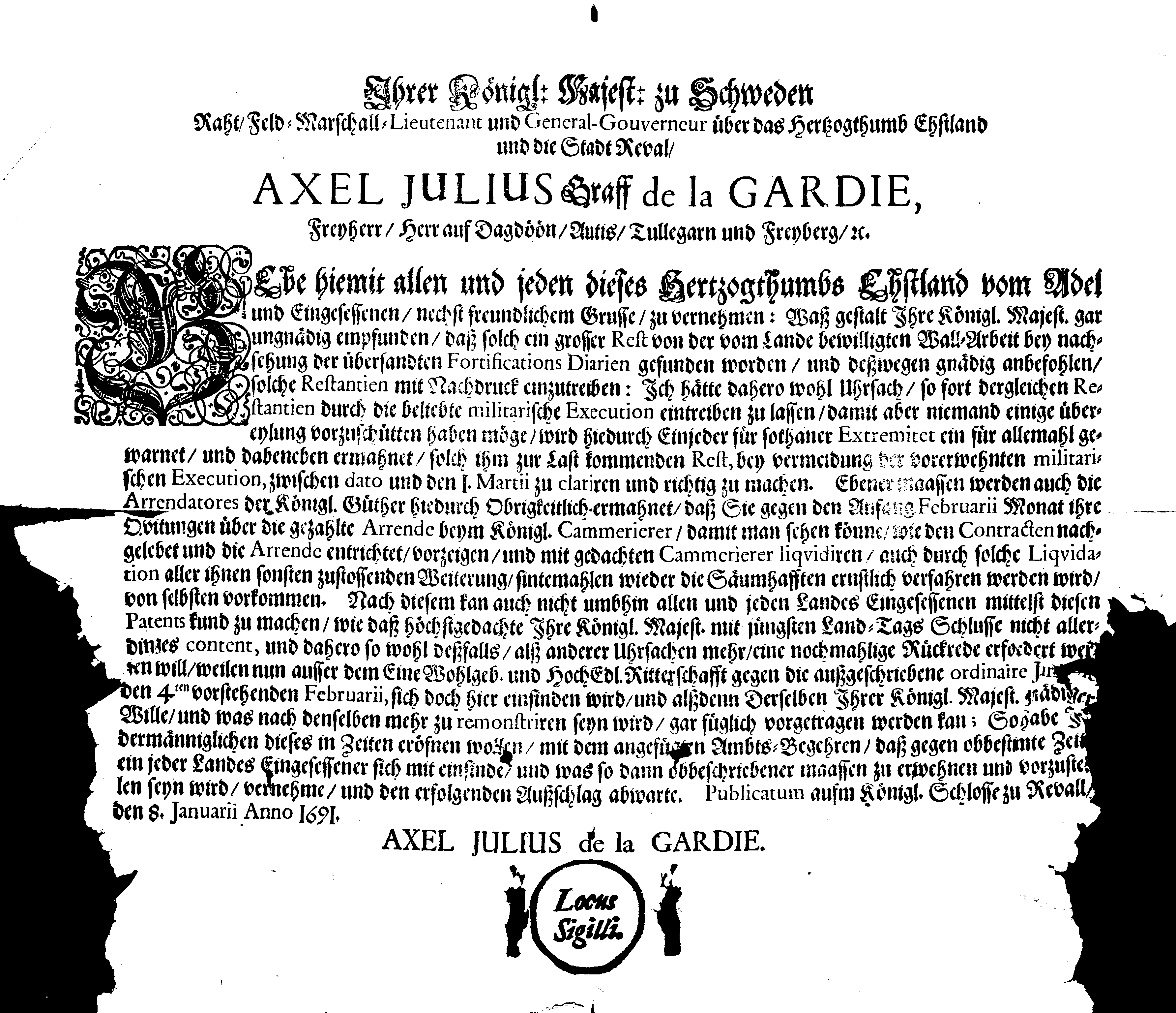 [Axel Julius De la Gardie korraldus]